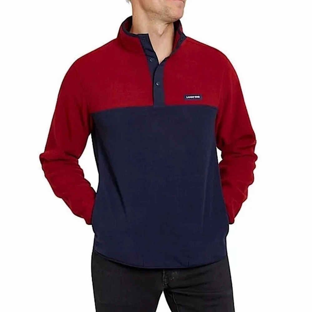 Lands End Polar Warm Fleece Quarter Snap Button Pullover Red & Navy Size Large